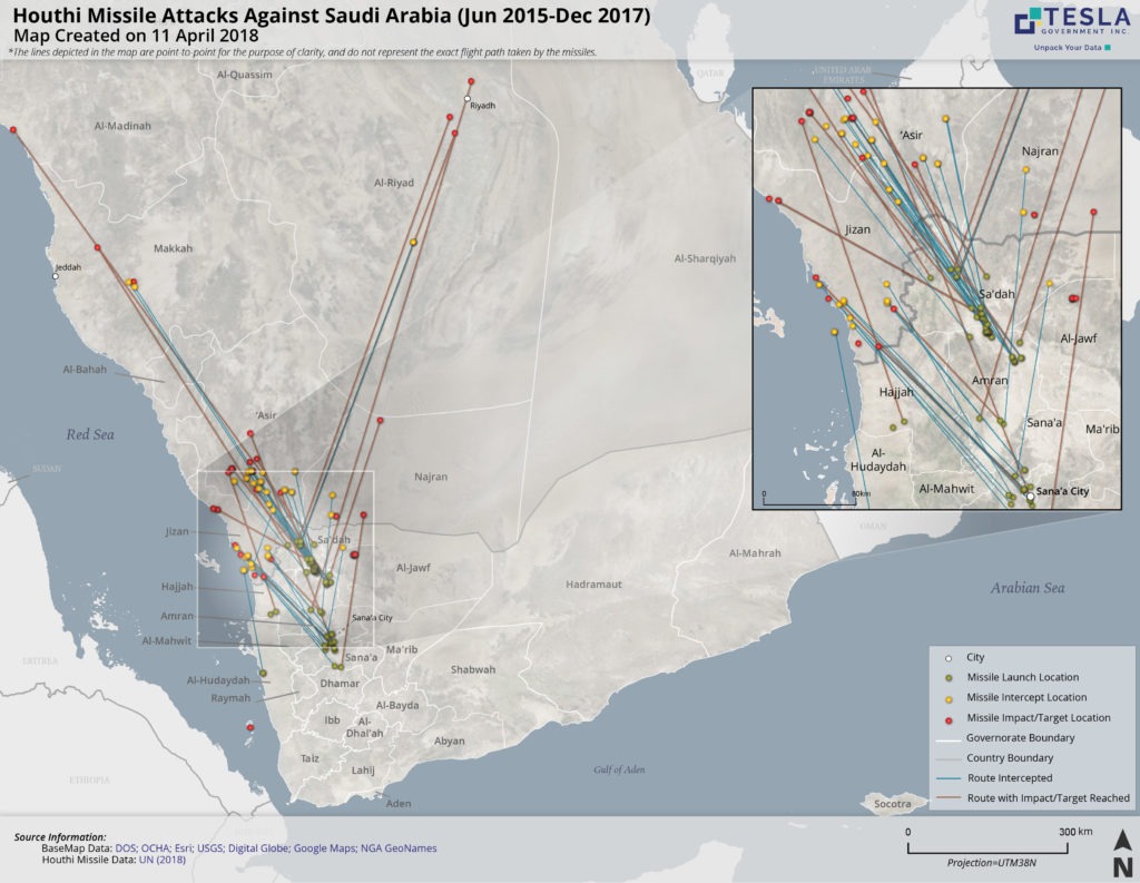 Map of Houthi missile attacks against Saudi Arabia